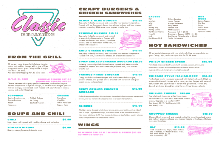 Classic Billiards menu page 1